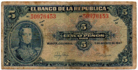 COLOMBIA 5 Pesos 1947 Scarce G
