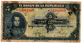 COLOMBIA 5 Pesos 1947 Scarce VF. rust