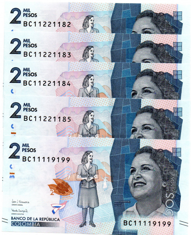 COLOMBIA 5 Pcs. 2000 Pesos BC (2021) UNC Fancy Serial Numbers
1 Bi-Numeral 1111...