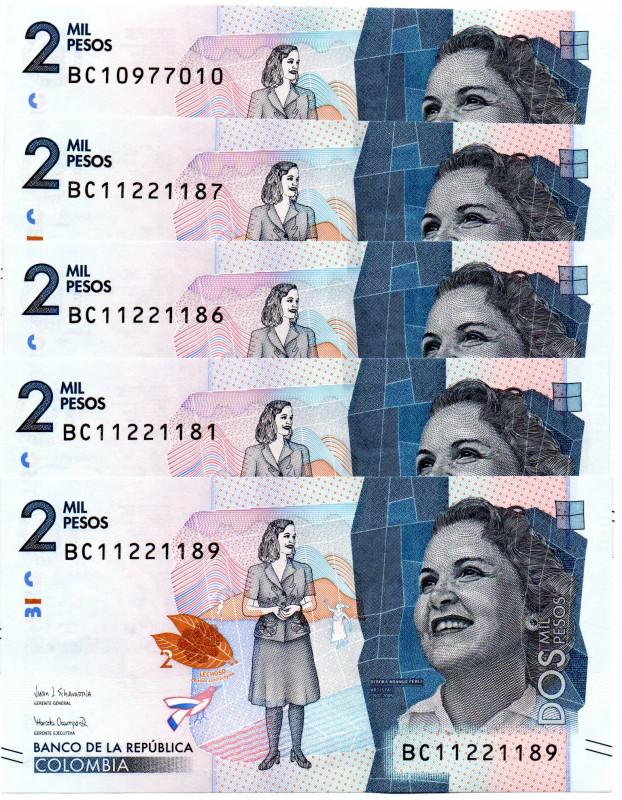 COLOMBIA 5 Pcs. 2000 Pesos BC (2021) UNC Fancy Serial Numbers
1 from Radar pack...