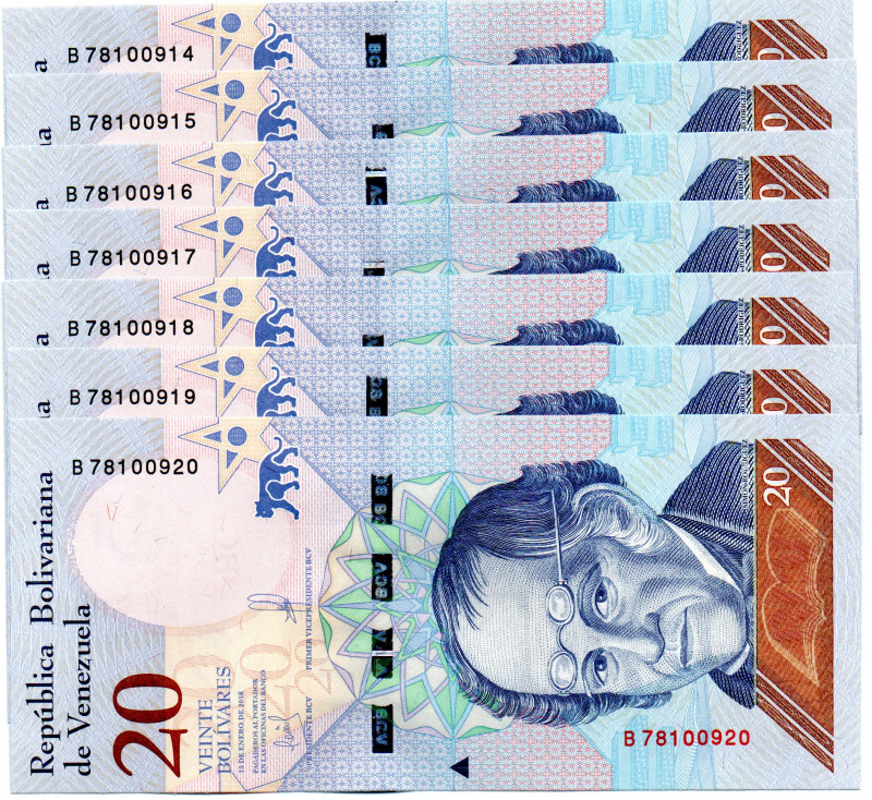 VENEZUELA 7 Pcs. 20 BsS 2018 UNC, Consecutive