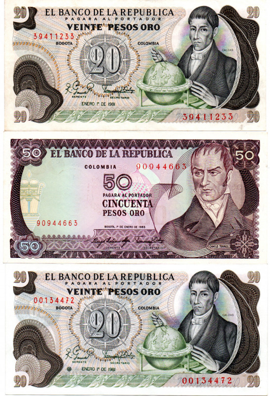 COLOMBIA 3 Pcs. 20 & 50 Pesos 1981-83 XF-UNC
20 Pesos 1981, Normal & Replacemen...