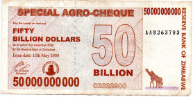ZIMBABWE $50 Billion Dollars Agro Check 2008 ERROR Uncentered Serial Number XF
