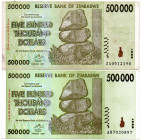 ZIMBABWE 2 Pcs. $500.000 Dollars 2008 
1 Standard and 1 Replacement Issue, VF and AU
