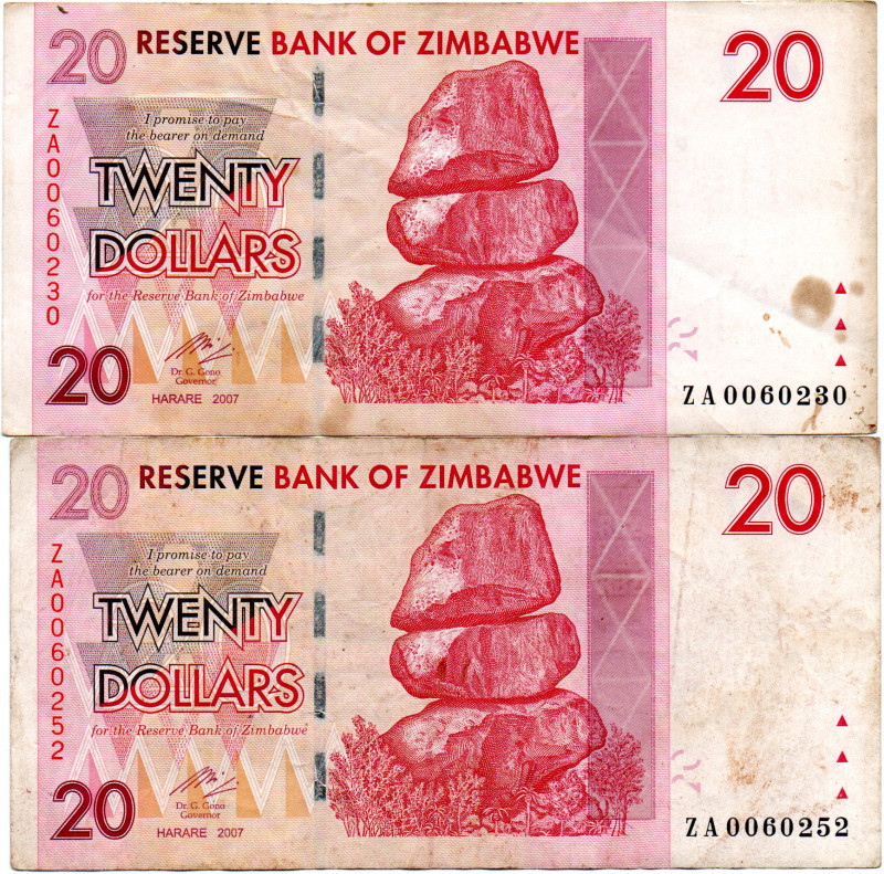 ZIMBABWE 2 Pcs. $20 Dollars 2007 Replacements VF/XF