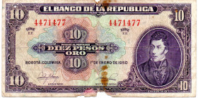 COLOMBIA 10 Pesos 1950 Serial Number Trinary 4471477. G
