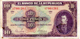 COLOMBIA 10 Pesos 1963 ABNC VF/VF+ Stains
