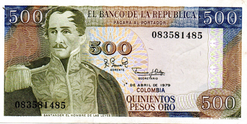 COLOMBIA 500 Pesos 1979 AU, 2 Year Type
