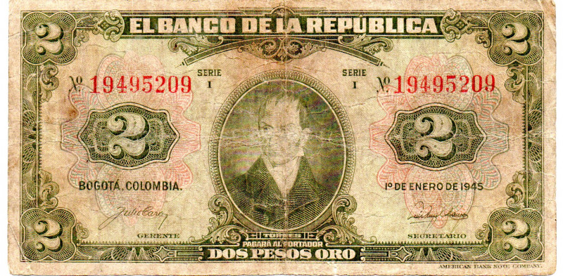 COLOMBIA 2 Pesos 1945 Series I, VG, Scarce