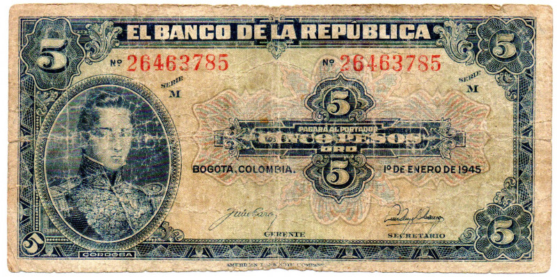 COLOMBIA 5 Pesos 1945 Series M, G/VG, Scarce