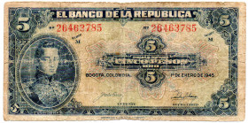 COLOMBIA 5 Pesos 1945 Series M, G/VG, Scarce