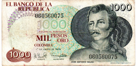 COLOMBIA 1000 Pesos 1979 Galan, 1 Year Type, VF, Scarce