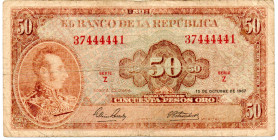 COLOMBIA 50 Pesos 1967 Fancy Serial Number 37444441 VF
Heavy Second Print or light First Print, scarce type and further still for the specialist in s...