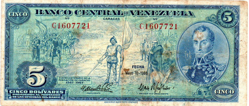 VENEZUELA 5 Bolivares 1966 Letter C Commemorative (Founding of Caracas) F/F+