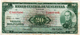 VENEZUELA 20 Bolivares 1964, VF, Scarce