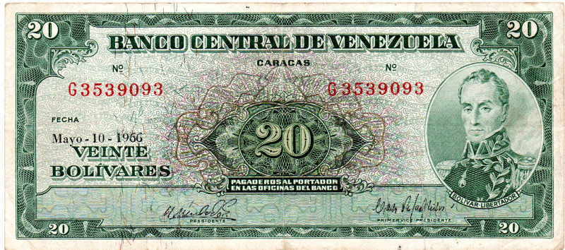 VENEZUELA 20 Bolivares 1966, XF, Scarce