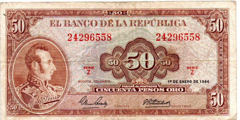 COLOMBIA 50 Pesos 1964 Series Z. VF+