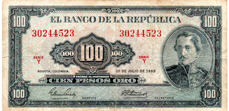 COLOMBIA 100 Pesos 1965 Series Y VF+