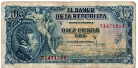 COLOMBIA 10 Pesos 1961 Series N VG/F