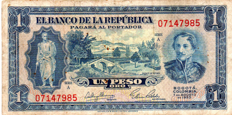 COLOMBIA 1 Peso 1953 1 Year Type Scarce. F+