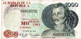 COLOMBIA 1000 Pesos 1979 Galan, 1 Year Type, VF, Scarce