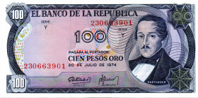 COLOMBIA 100 Pesos 1974 AU. Scarce, Especially in this condition