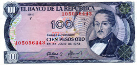 COLOMBIA 100 Pesos 1973 AU. Scarce, Especially in this condition