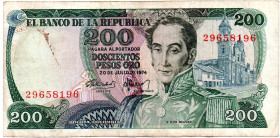 COLOMBIA 200 Pesos 1974 Cafetero (Coffee Grower) 1St Date Exceptionally Scarce, VF-