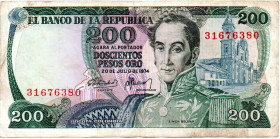 COLOMBIA 200 Pesos 1974 Cafetero (Coffee Grower) 1St Date Exceptionally Scarce, VF