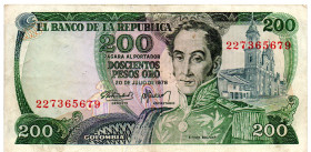 COLOMBIA 200 Pesos 1978 Cafetero (Coffee Grower) 9 Digits. VF