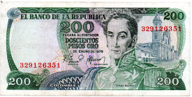 COLOMBIA 200 Pesos 1979 Cafetero (Coffee Grower) 9 Digits. VF