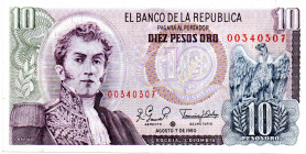 COLOMBIA 10 Pesos 1980 Replacement. AU/UNC Scarce