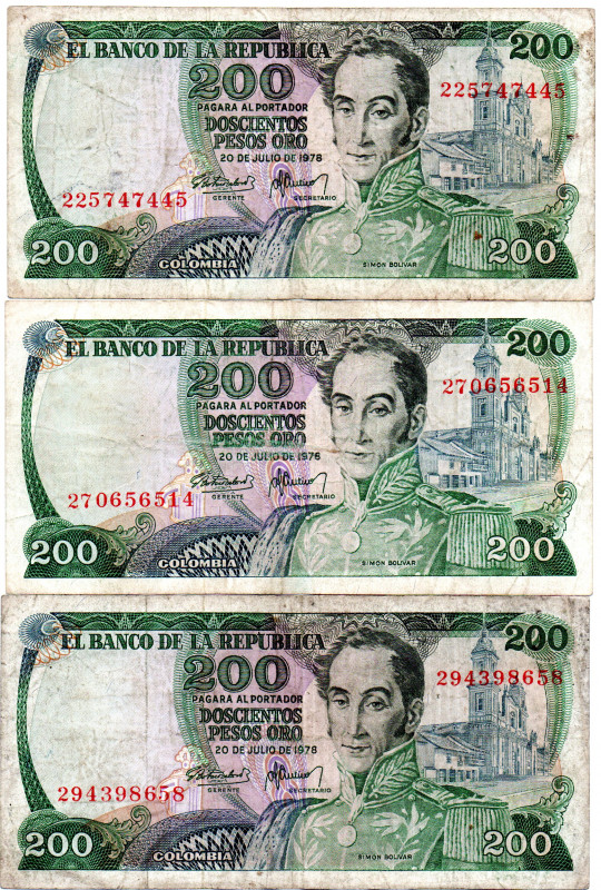 COLOMBIA 3 Pcs. 200 Pesos 1978 Cafetero (Coffee Grower) 9 Digits. F/VF