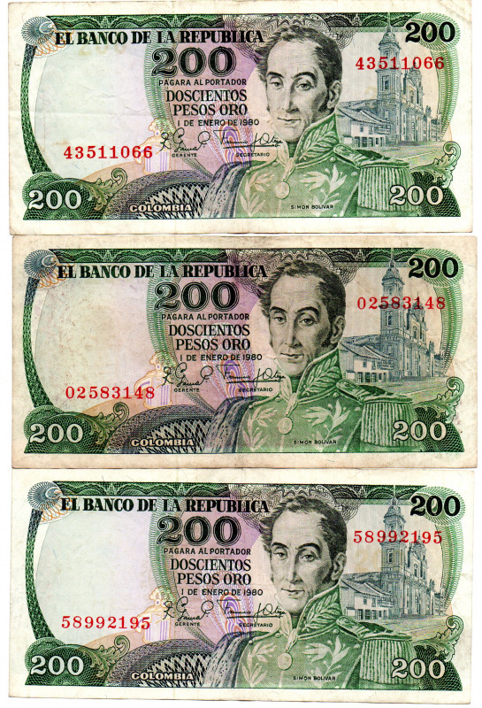 COLOMBIA 3 Pcs. 200 Pesos 1980 Cafetero (Coffee Grower) 8 Digits. F/VF