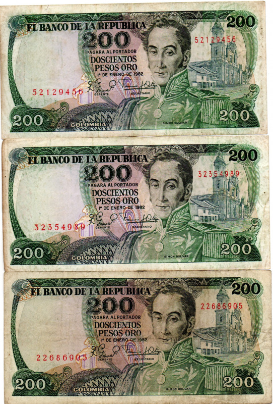 COLOMBIA 3 Pcs. 200 Pesos 1982 Cafetero (Coffee Grower) 8 Digits. F/VF