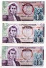 COLOMBIA 3 Pcs. 10 Pesos 1970 1975 & 1978. XF-UNC