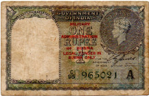 BURMA 1 Rupee 1941 Overprint over 1 Rupee India WWI Issue George VI, Rare. F/F+