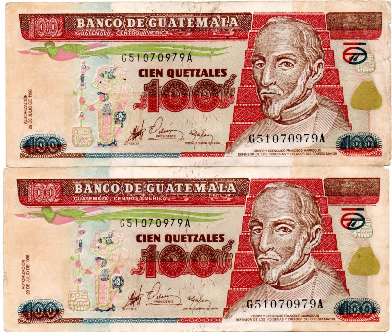 GUATEMALA 2 Pcs. Contemporary Counterfeits, 100 Quetzales 1998 G51070979A, Good ...