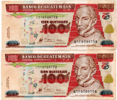 GUATEMALA 2 Pcs. Contemporary Counterfeits, 100 Quetzales 1998 G51070979A, Good but thin paper. UNC