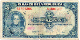 COLOMBIA 5 Pesos 1949 Series M. G/G+