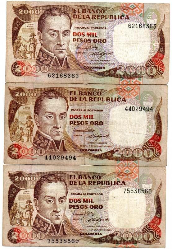 COLOMBIA 3 Pcs. 2000 Pesos December 1985. F/VF