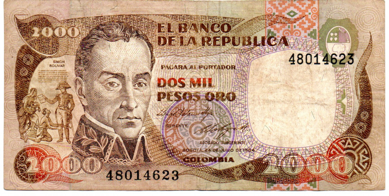 COLOMBIA 2000 Pesos July 1984. F