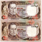 COLOMBIA 2 Pcs. 2000 Pesos July 1983 1st Date 1st Banknote of 2000 Pesos of Colmbia, Scarce VF/XF