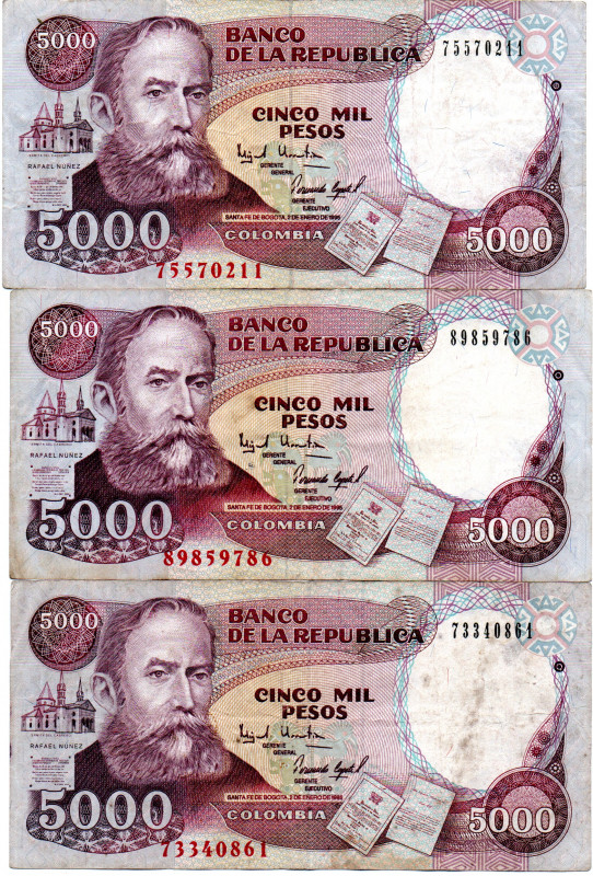 COLOMBIA 3 Pcs. 5000 Pesos January 1995. VF/VF+