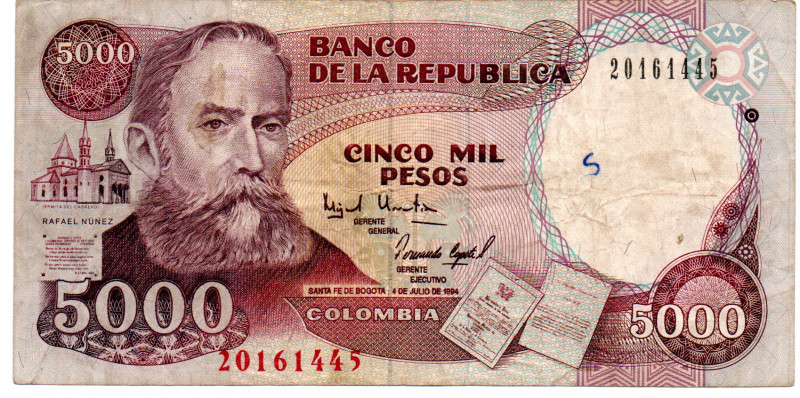 COLOMBIA 5000 Pesos July 1994. F/VF