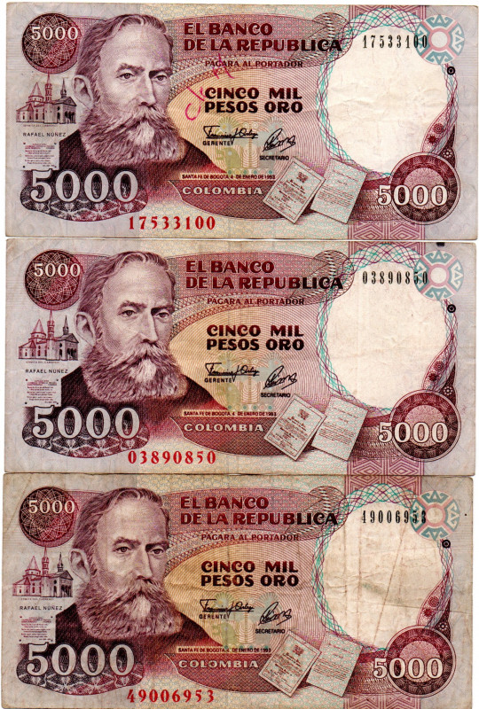 COLOMBIA 3 Pcs. 5000 Pesos January 1993. F/VF