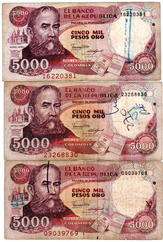 COLOMBIA 3 Pcs. 5000 Pesos 1988, Key Date, Rarest of the type, Printed in Italy ...