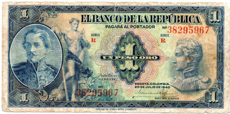 COLOMBIA 1 Peso 1940 Series R. F/F+