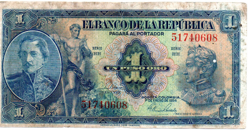 COLOMBIA 1 Peso 1954 Series HH. F/F+