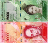 VENEZUELA 2 Pcs. Replacement Notes, 5000 BsF & 20.000 BsF Dec. 2017 Type II Serial Z8. UNC